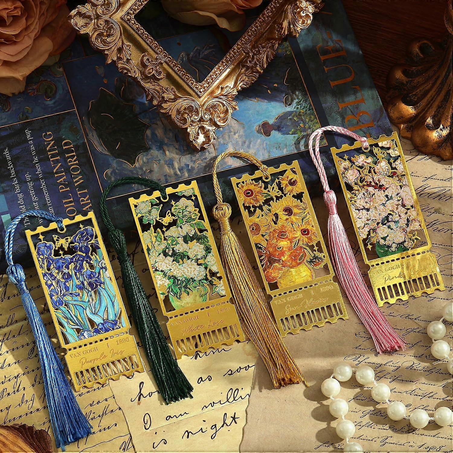 Metal Bookmarks With Tassel Set Of 4 Golden Hollow Bookmarks Featuring Van Gogh And Monet Oil Painting Theme