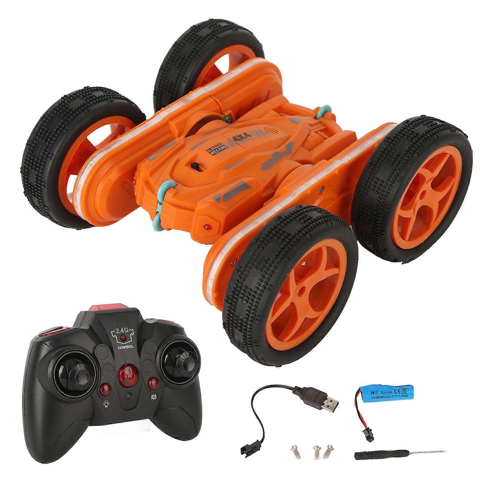 Remote Control Stunt Car Light Double Sided Rotating Stunt Car with 4 Wheels for Grass Beach Orange