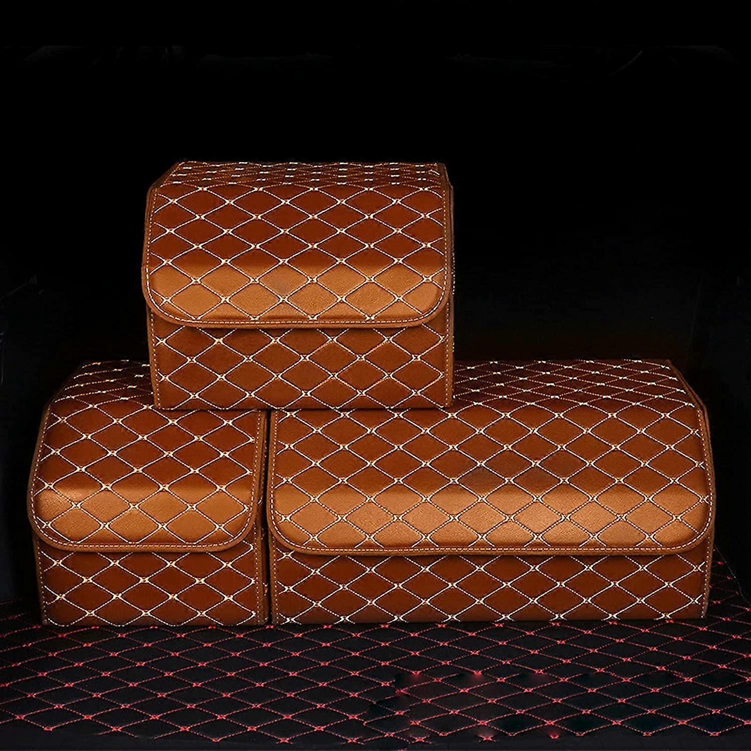 Folding Trunk Organizer Foldable Leather Storage Box, Collapsible with Lid Gold/Gold Wire 40*30*30CM