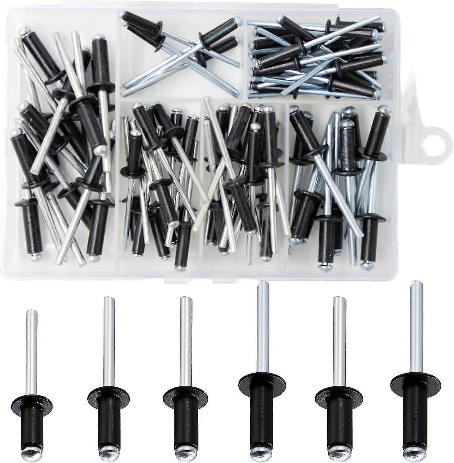 120 Pieces - Blind Rivets - M2.4/M3/M4/M3.2 - Aluminum and Plastic - Rivet Puller - Pop Rivet - Fastening Set - Black and Silver - Including Storage