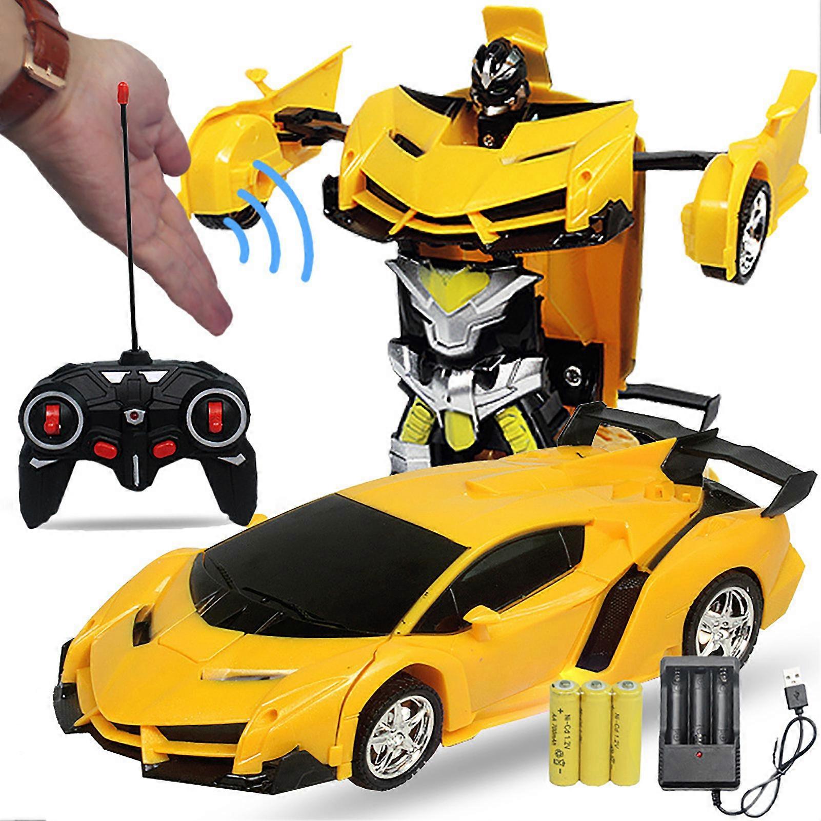 Yellow RC Car Robot Remote Control One Button Deformation Toy