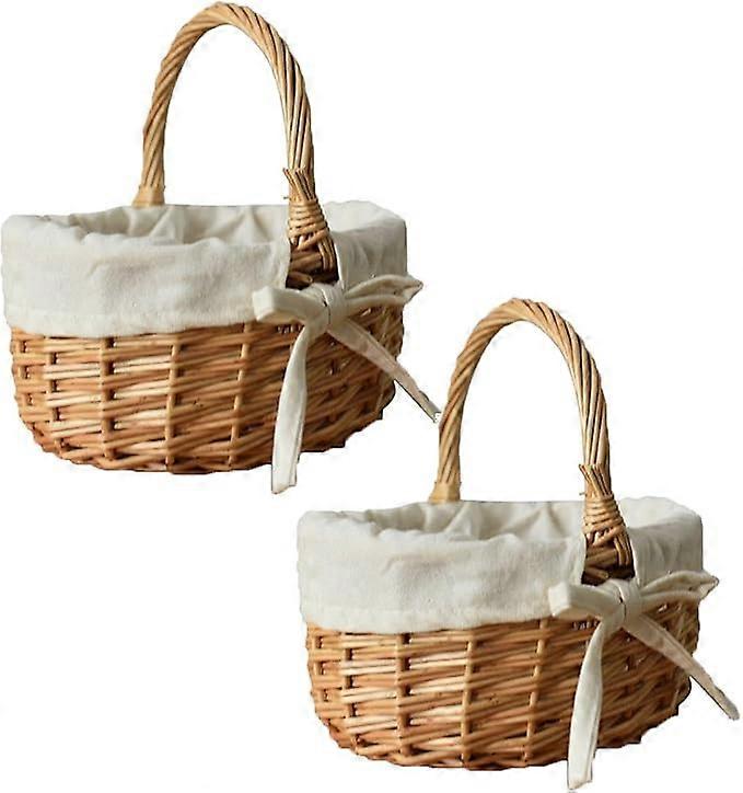 2pcs/set Portable Woven Storage Basket With Strong Double Handle For Picnic Basket With Handle
