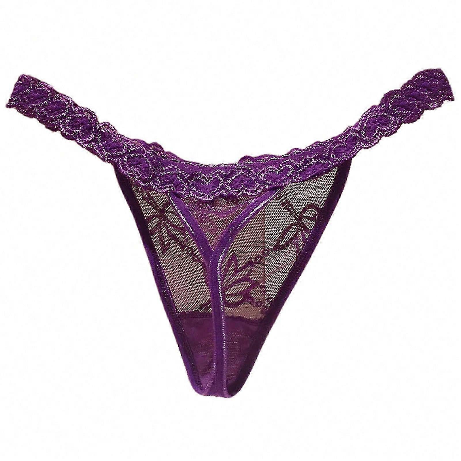Women G-String Thongs T-back Floral Lace Bikini Panties Low Waist Thongs Breathable Cheeky Underwear Panties Lingerie Purple XL
