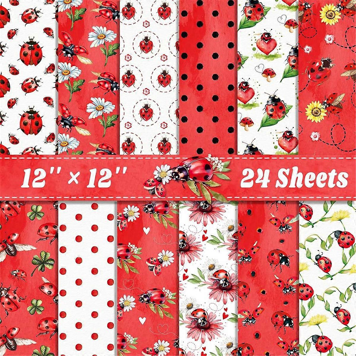 24 Sheets Scrapbook Paper 12inch X 12inch Double-Sided Bows Pattern Paper Decorative Decoupage Cardstock Ladybug