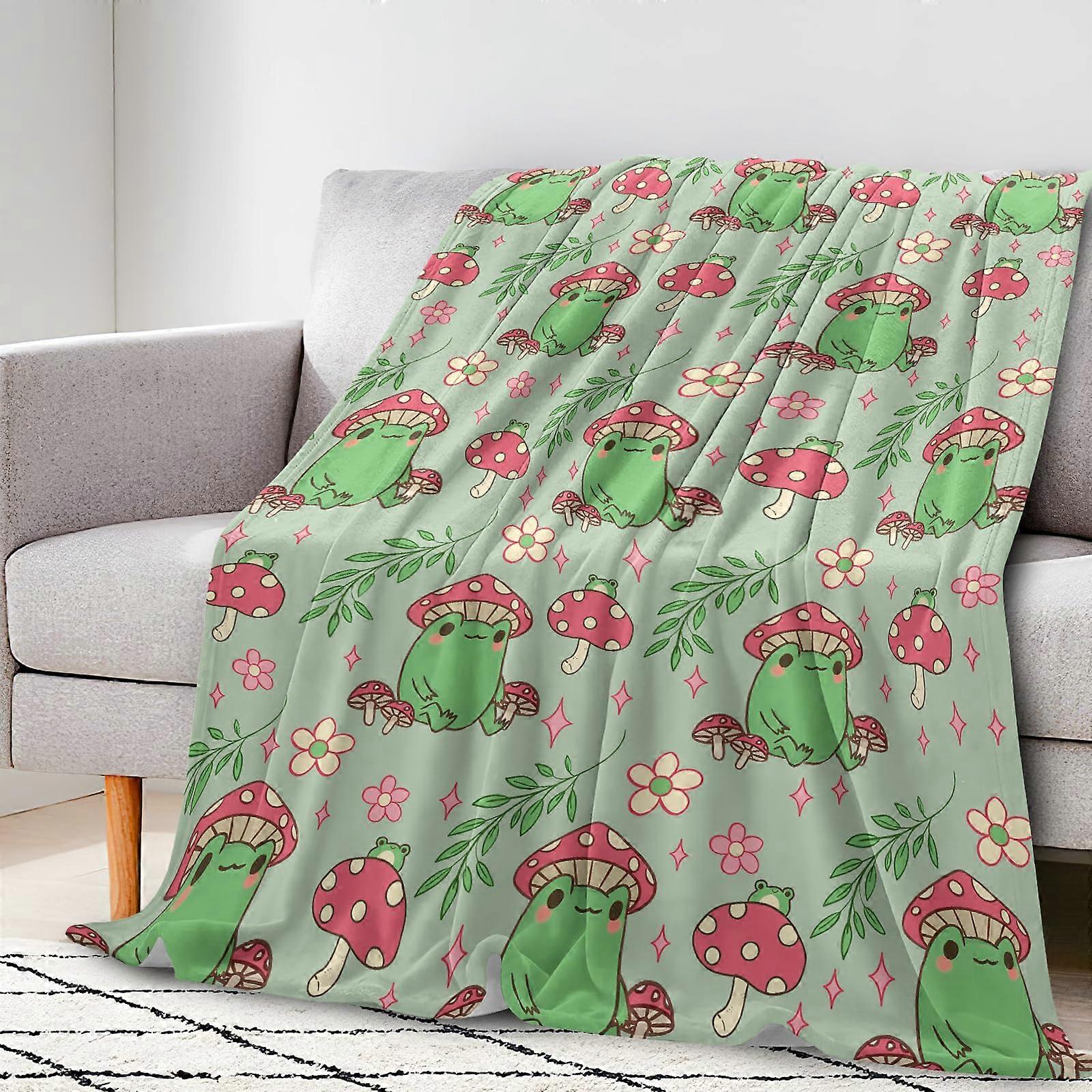 Frog Mushroom Blanket Soft Throw Flannel Quilt 50 X 40 Inches Green Frog Design