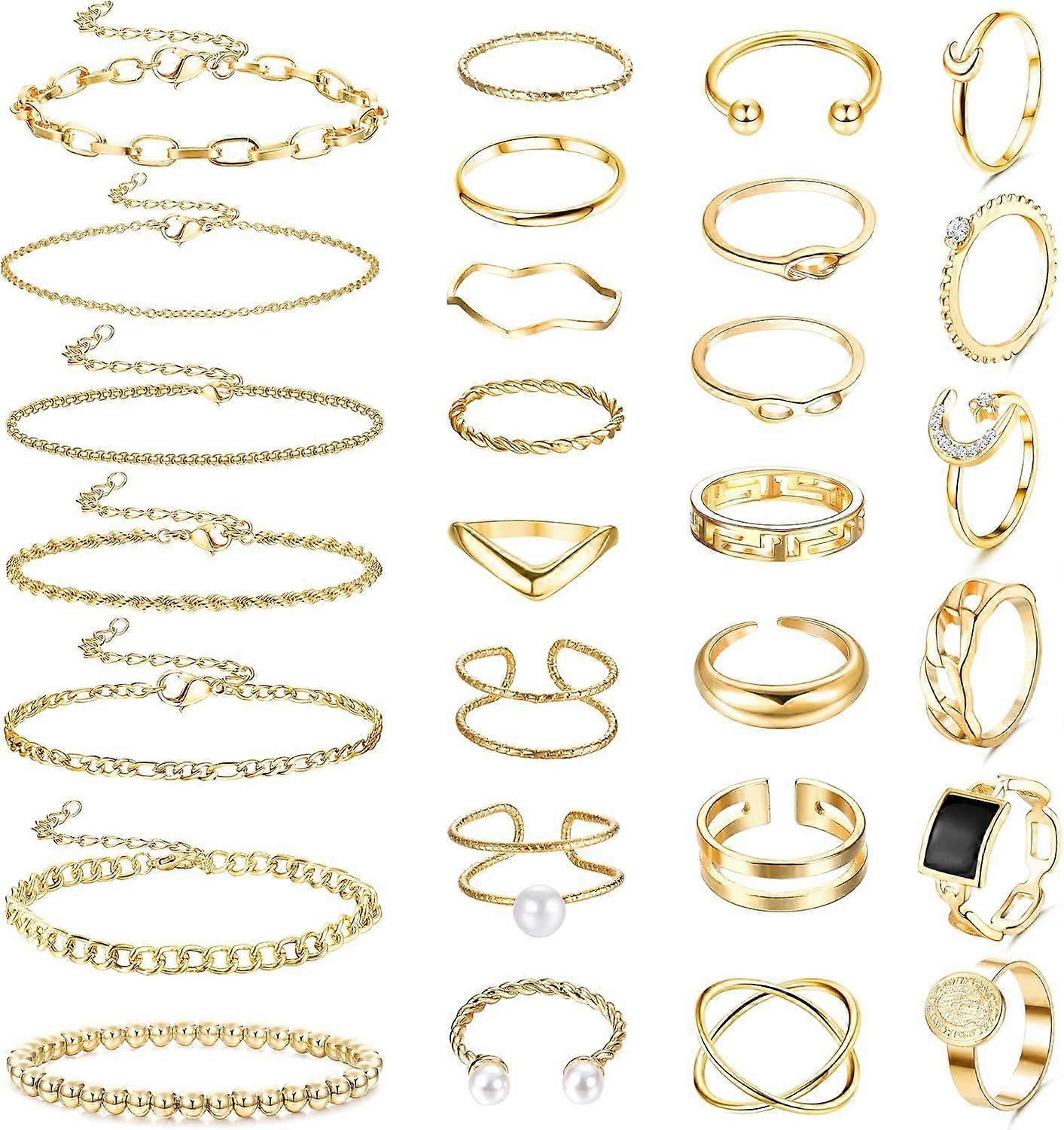 Chain Bracelet & Knuckle Stackable Rings Set for Women