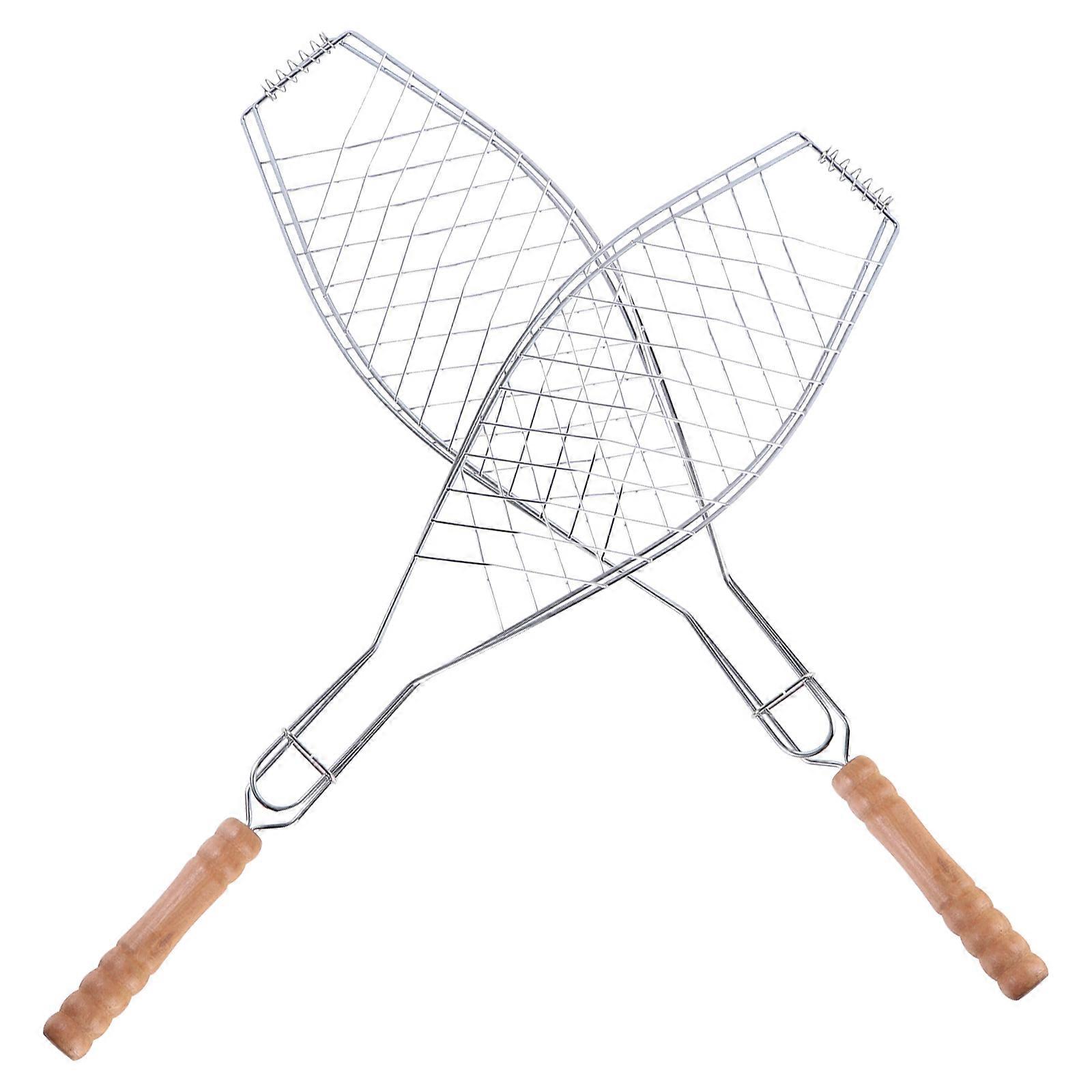 Barbecue Tool for Camping 4Pcs Metal Mesh Fish Clip with Wooden Handle