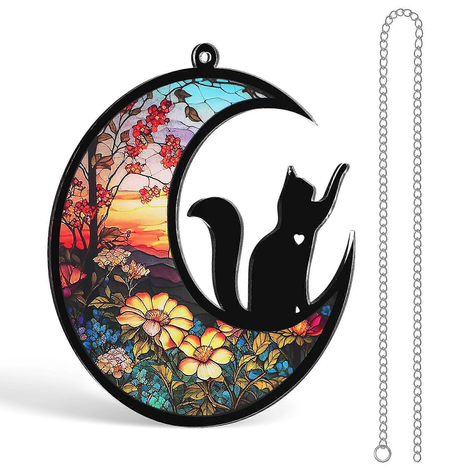 Cat Moon Hanging Decor Acrylic Cat Window Hanging for Gift 2Pcs