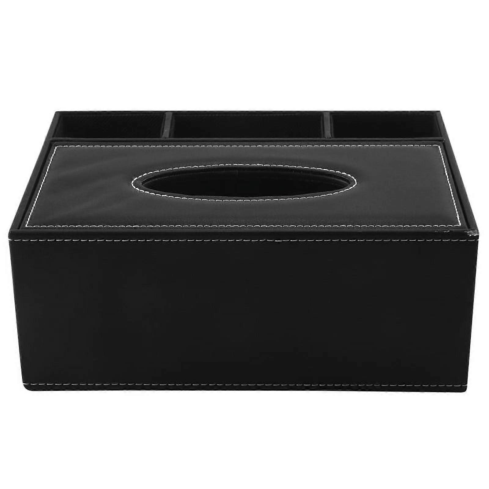 PU Tissue Box Remote Control Holder Multifunctional Desktop Organizer Pencil Scissor Container (Black)