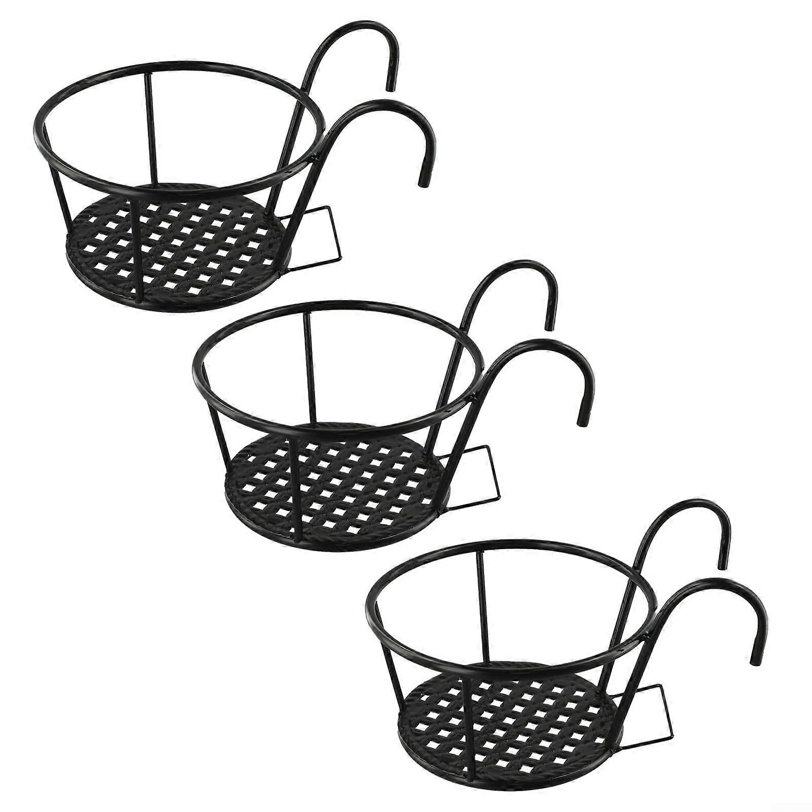 Wrought Iron Hanging Basket Set of 3 for Balcony Railings and Garden Fence Plant Display Stand