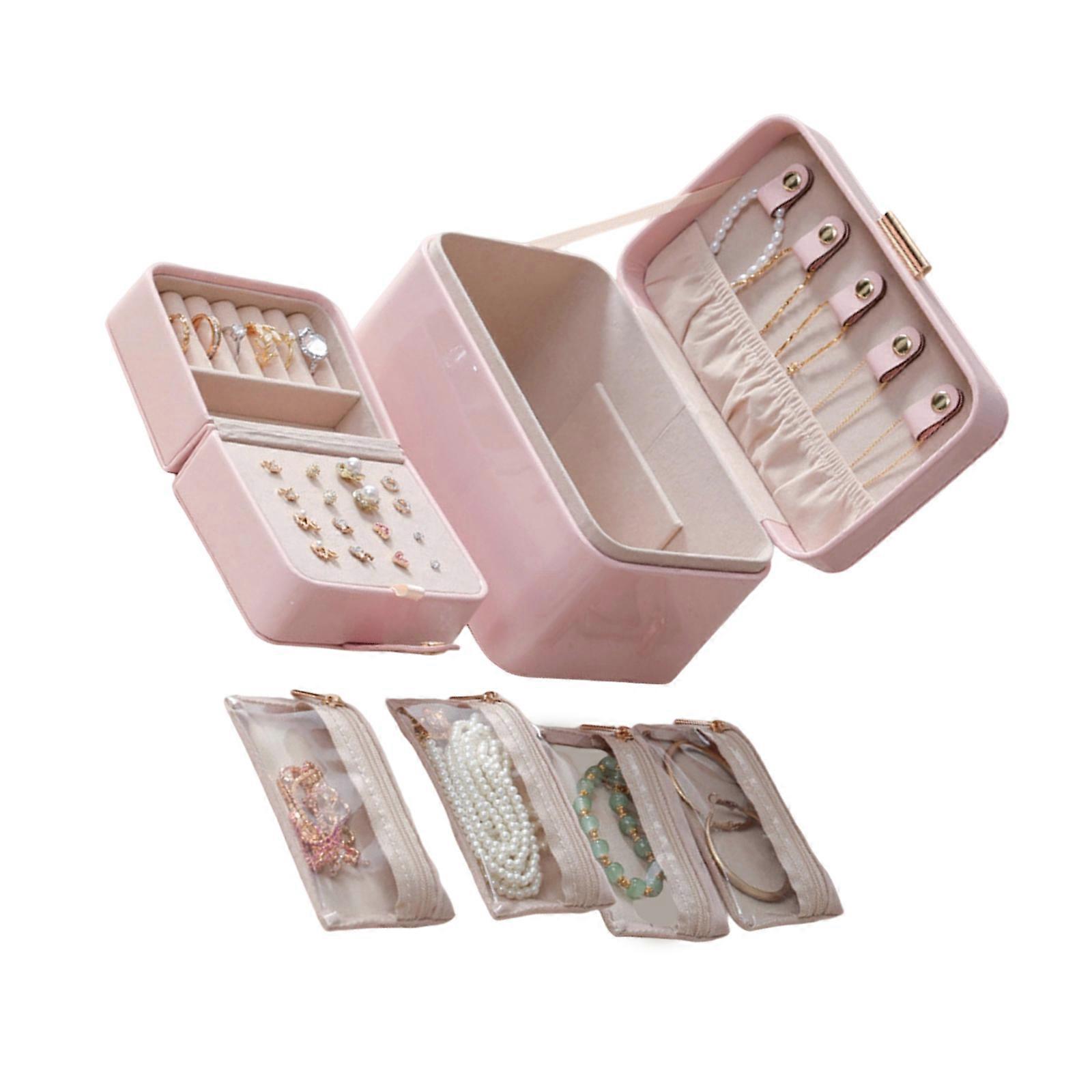 Multi Layer Jewelry Storage Organizers Premium PU Material Decorative Case With Partition Design For Earring Chains  Pink