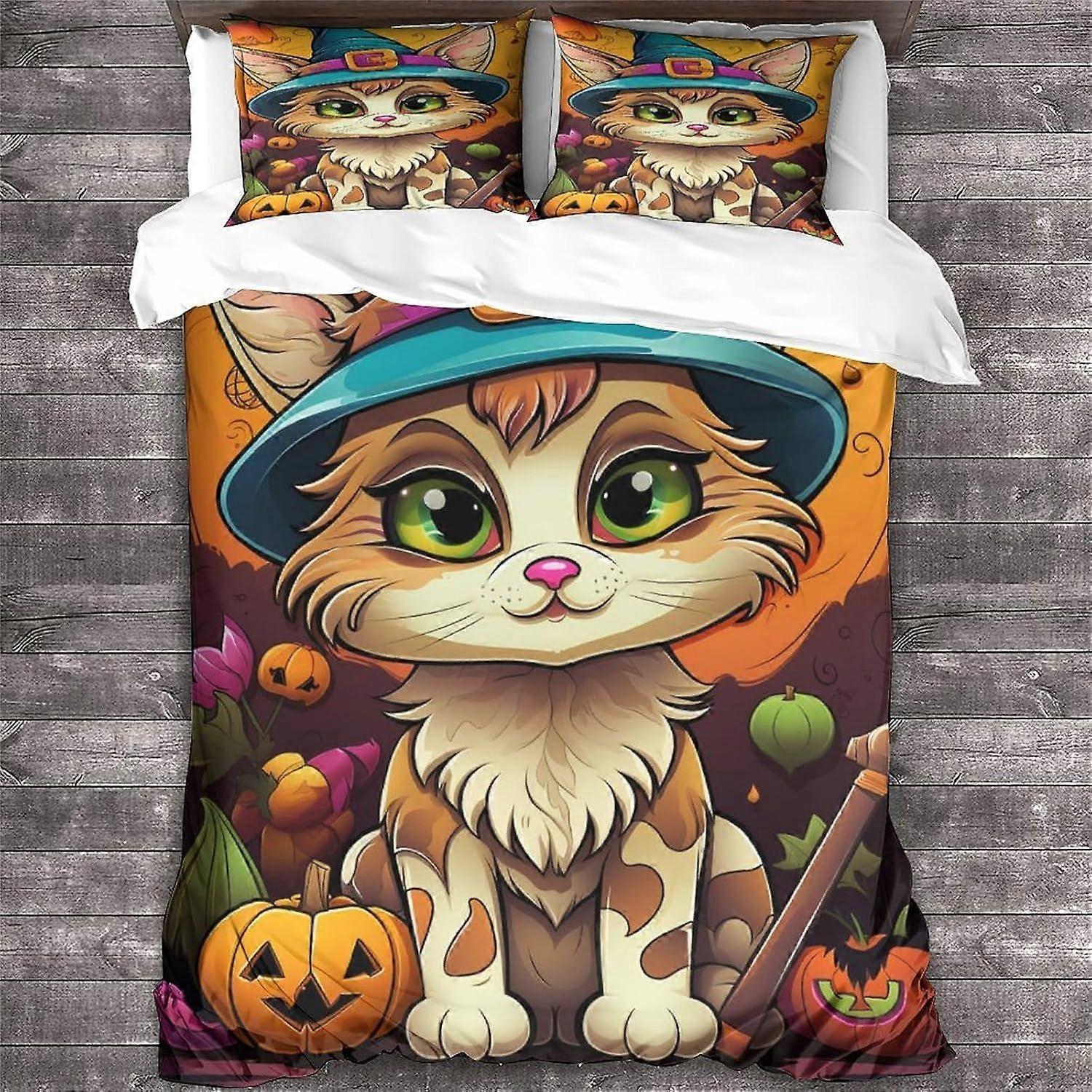 LikeEj Cat Duvet Capa Halloween Impresso Roupa de Cama Set Soft Microfiber Animal Quilt Cover com zíper Fechamento Duplo