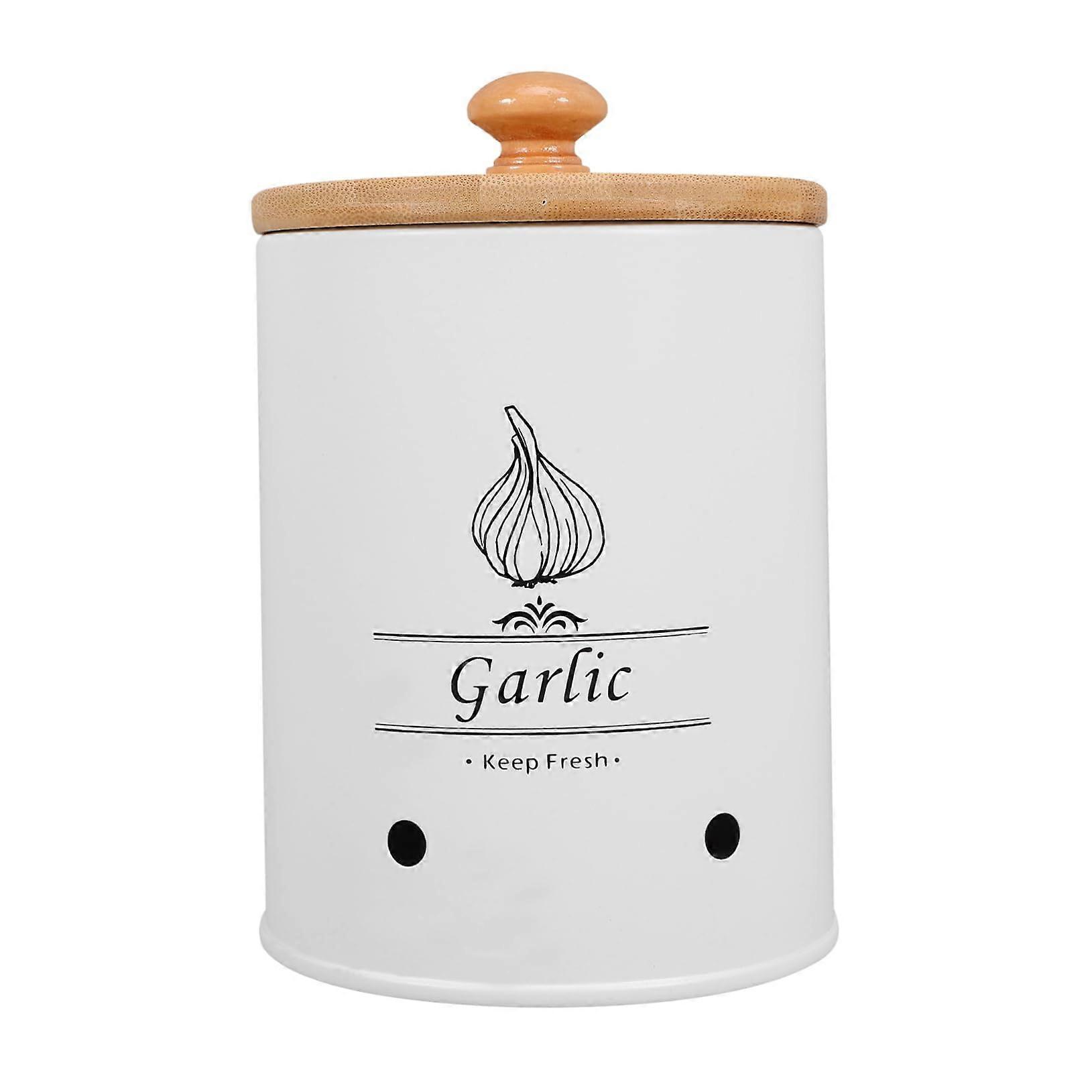 Garlic Storage Container with Bamboo Lid, Durable Metal Garlic Keeper for Freshness and Countertop Use