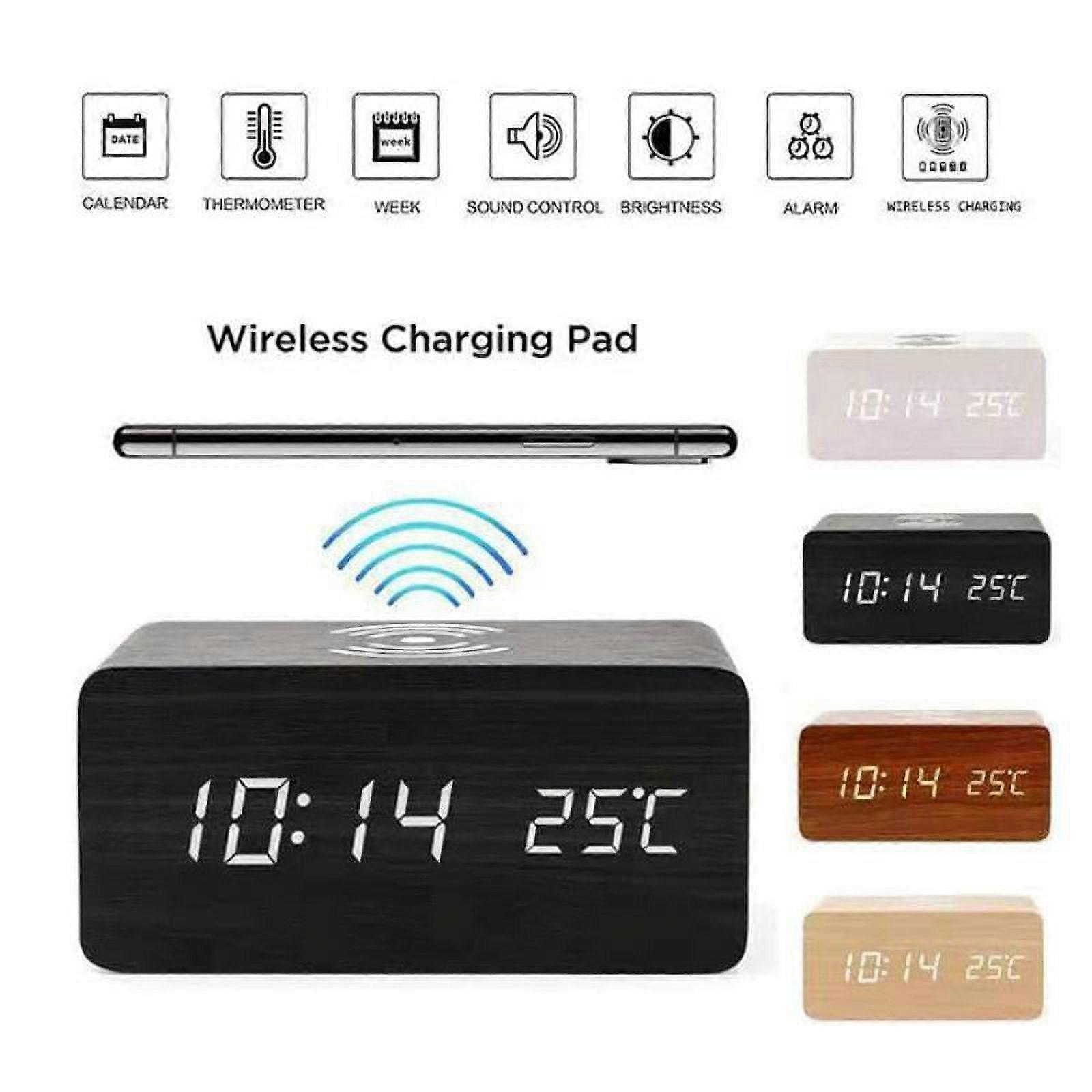JANDEL Wooden Alarm Clock with Wireless Charging, Compatible with iPhone & Samsung, LED Display, Sound Control, Time/Date/Temperature