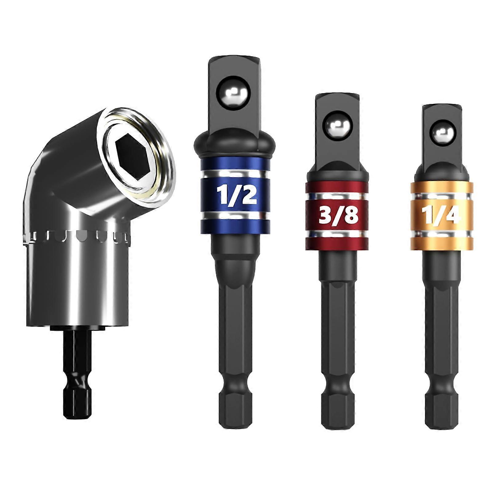 Impact Grade Socket Adapter Set with 105 Degree Right Angle Drill and Hex Shank Extension, 4Pcs