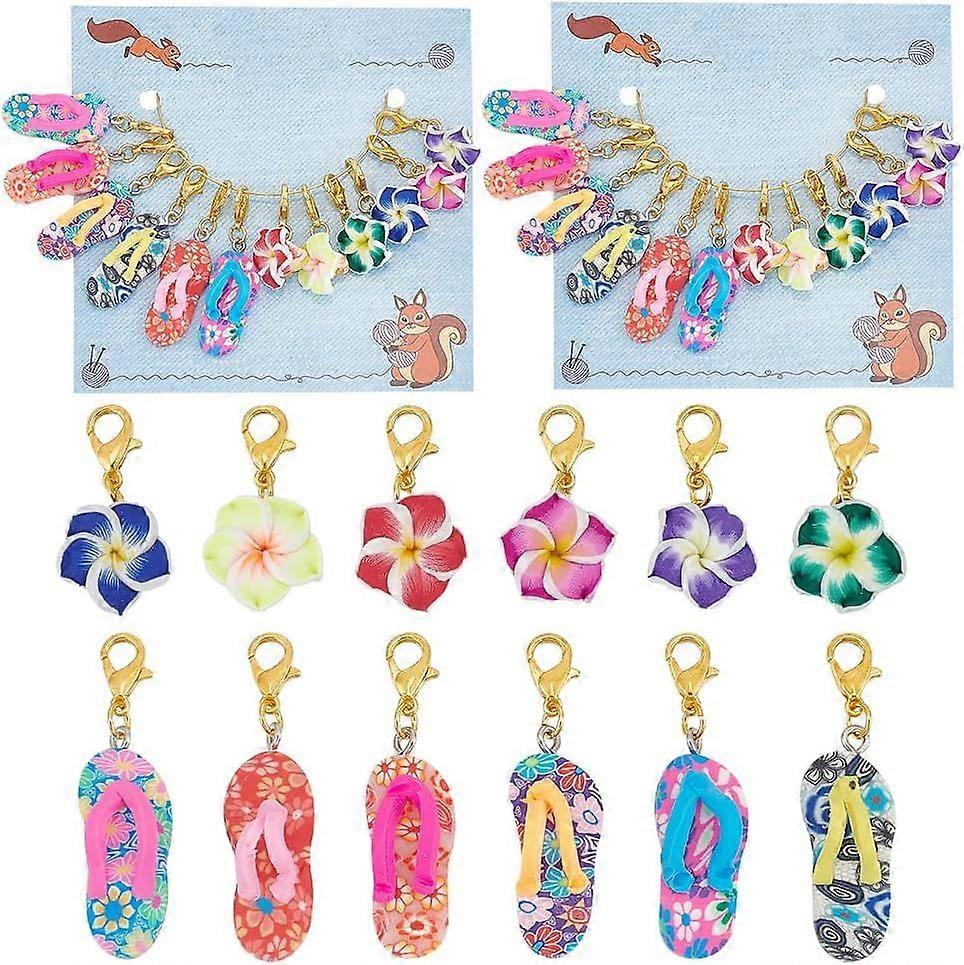 12 Pcs 2 Styles Summer Stitch Marker Polymer Clay Crochet Stitch Marker Flower Flip Flops Locking Stitch Marker with Lobster Clasp Removable Knitting 