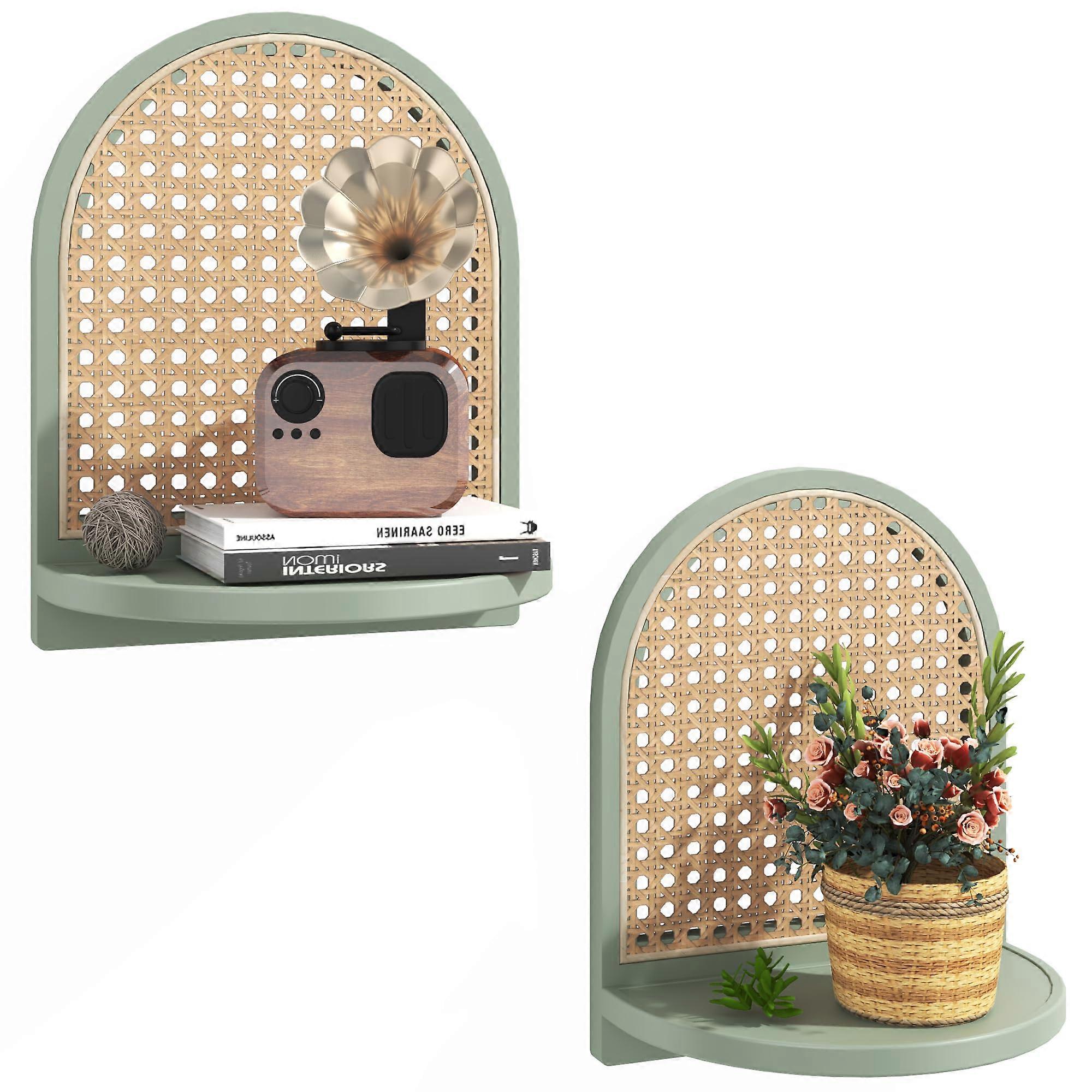 Rattan Wall Shelf Set of 2, Boho Wicker Floating Shelf for Plants and Figurines, SpaceSaving Decor