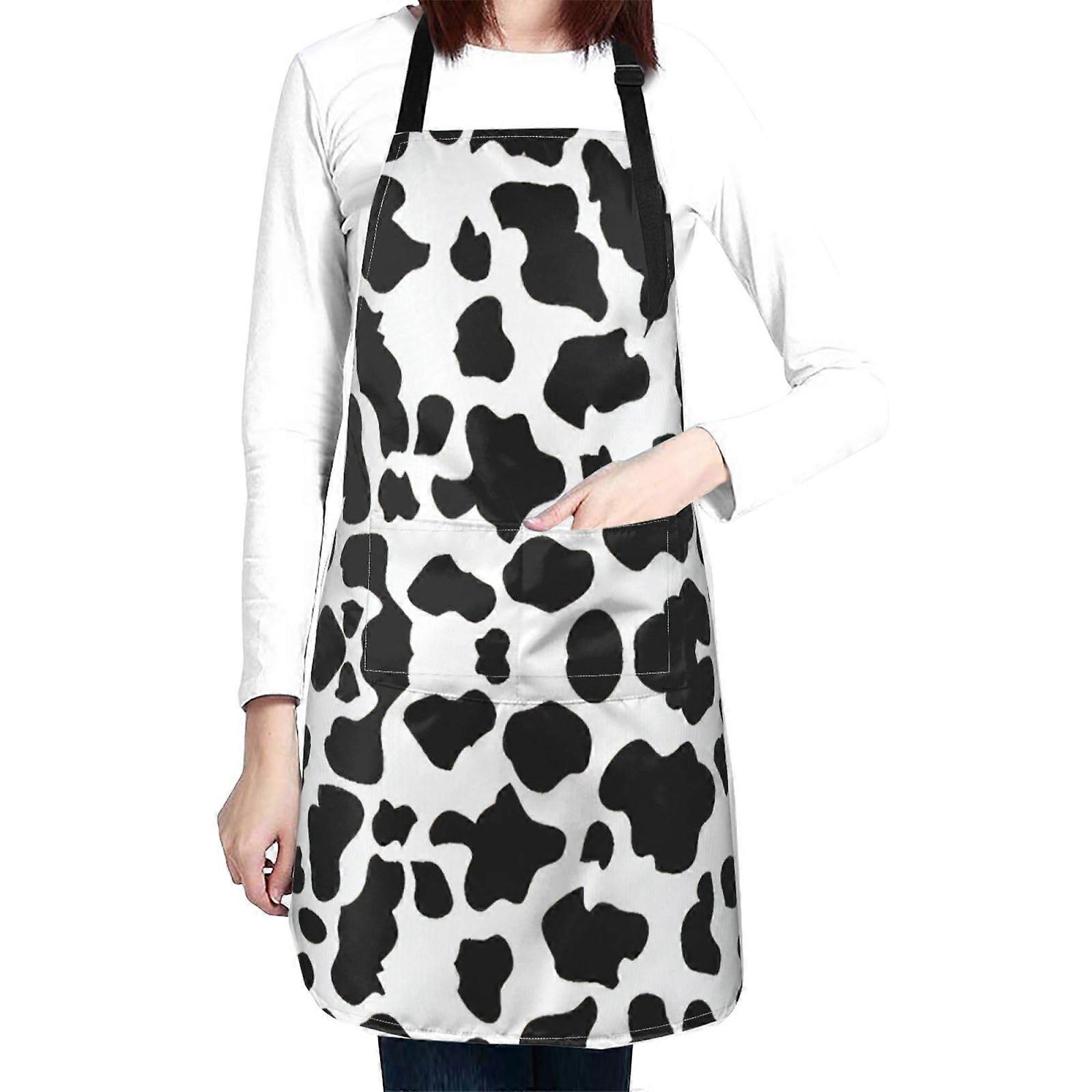 Cow Print Waterproof Cooking Apron with Adjustable Neck Strap and Pockets for Kitchen Baking