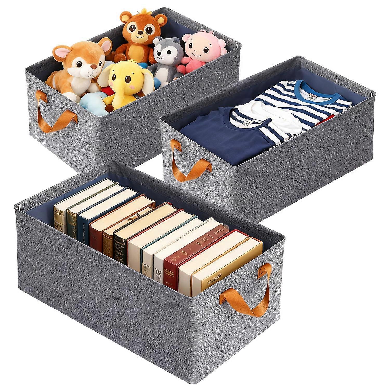 3PCS Large Fabric Storage Bins for Shelves, Foldable Cotton Linen Baskets with EasyCarry Handles