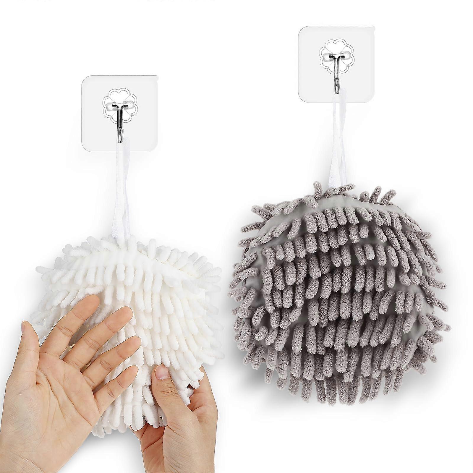 Microfiber Hand Towels 2 Pack with Hanging Loop, Soft Plush Chenille for Kitchen and Bathroom