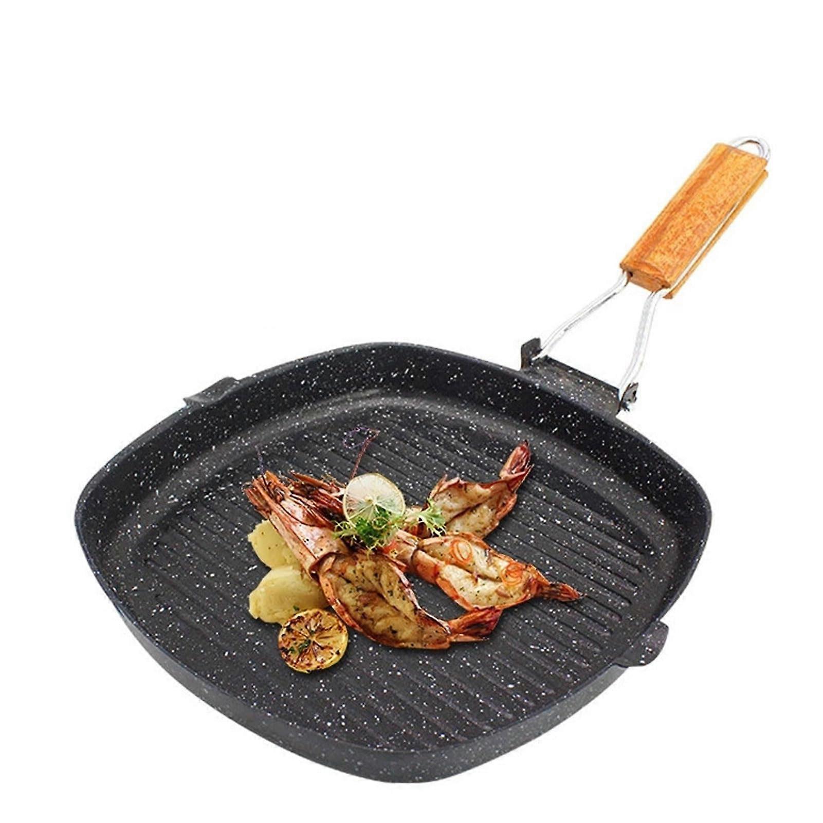 Grill Pan 20x20cm Cast Iron Non Stick Square Pan with Foldable Beech Handle for Steak