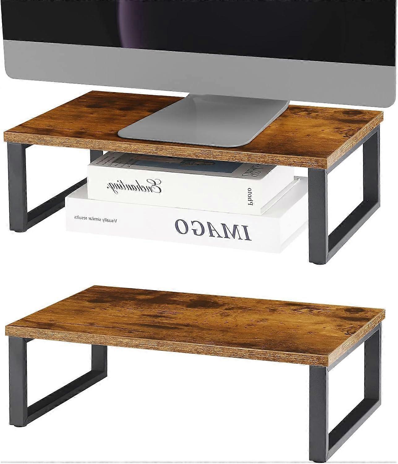 Monitor Stand Riser 2 Pack Wooden Desktop Organizer Shelf with Ergonomic Viewing Height and Stackable Storage