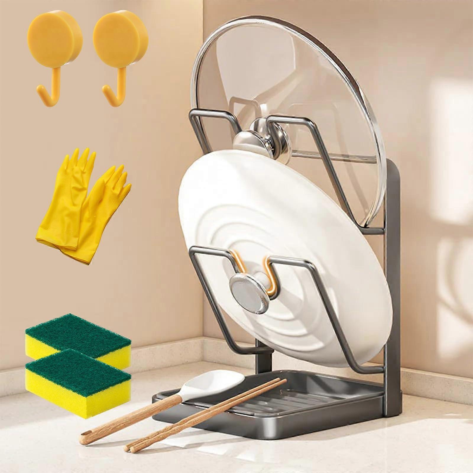 Stainless Steel Pot Lid Holder with Drip Tray, DoubleLayer Organizer for SpaceSaving Kitchen Storage