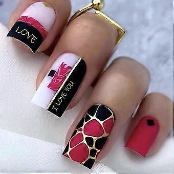 Medium Length Square Press on Nails Matte Gold Leaf Design Full Cover Acrylic Nails with Glue 24 Pcs