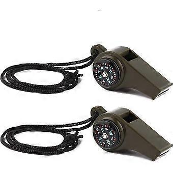 Emergency Survival Whistle 2-pak, 3-i-1 fløjte med kompas og termometer, højt og sikkert med snor, velegnet til udendørs vandreture, camping, båd