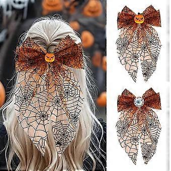 2 Halloween-Haaraccessoires: Orangefarbene, transparente Haarschleifen mit Spinnennetz-Print, große, lange Haarschleifen aus Netzgewebe mit Kürbis-Augapfel-Design, süße Horror-Haarspangen