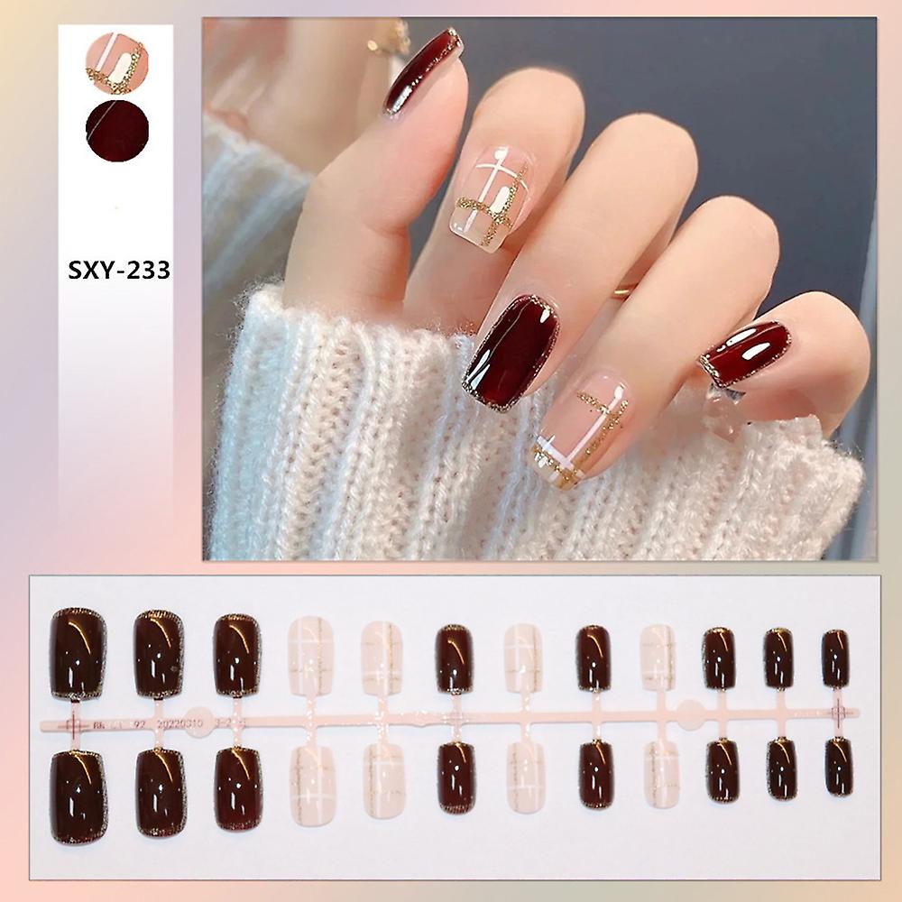 Glitter Edge Setting Wine Red False Manicure Sweet & Charming Reusable False Nails