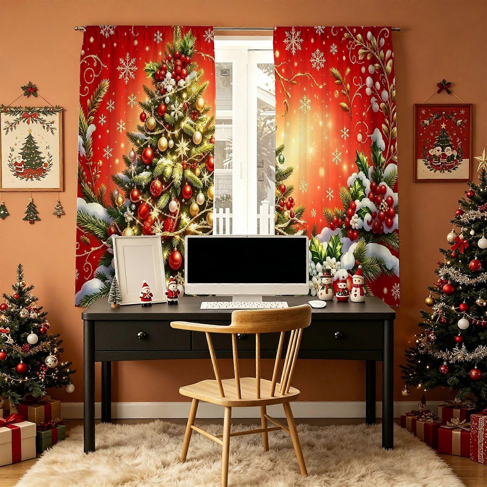 Curtain, glowing Christmas tree on red background Pattern