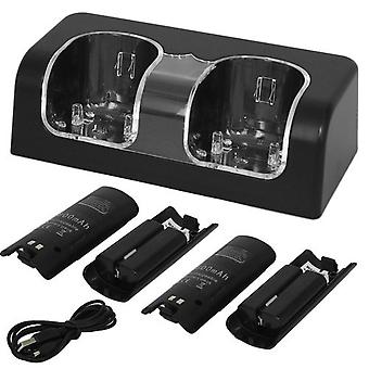 For Nintendo Wii U Dual Remote Controller Charger Charging Dock Station + 2x Rechargeable Replacement Battery Pack Accessories Bundle, Black