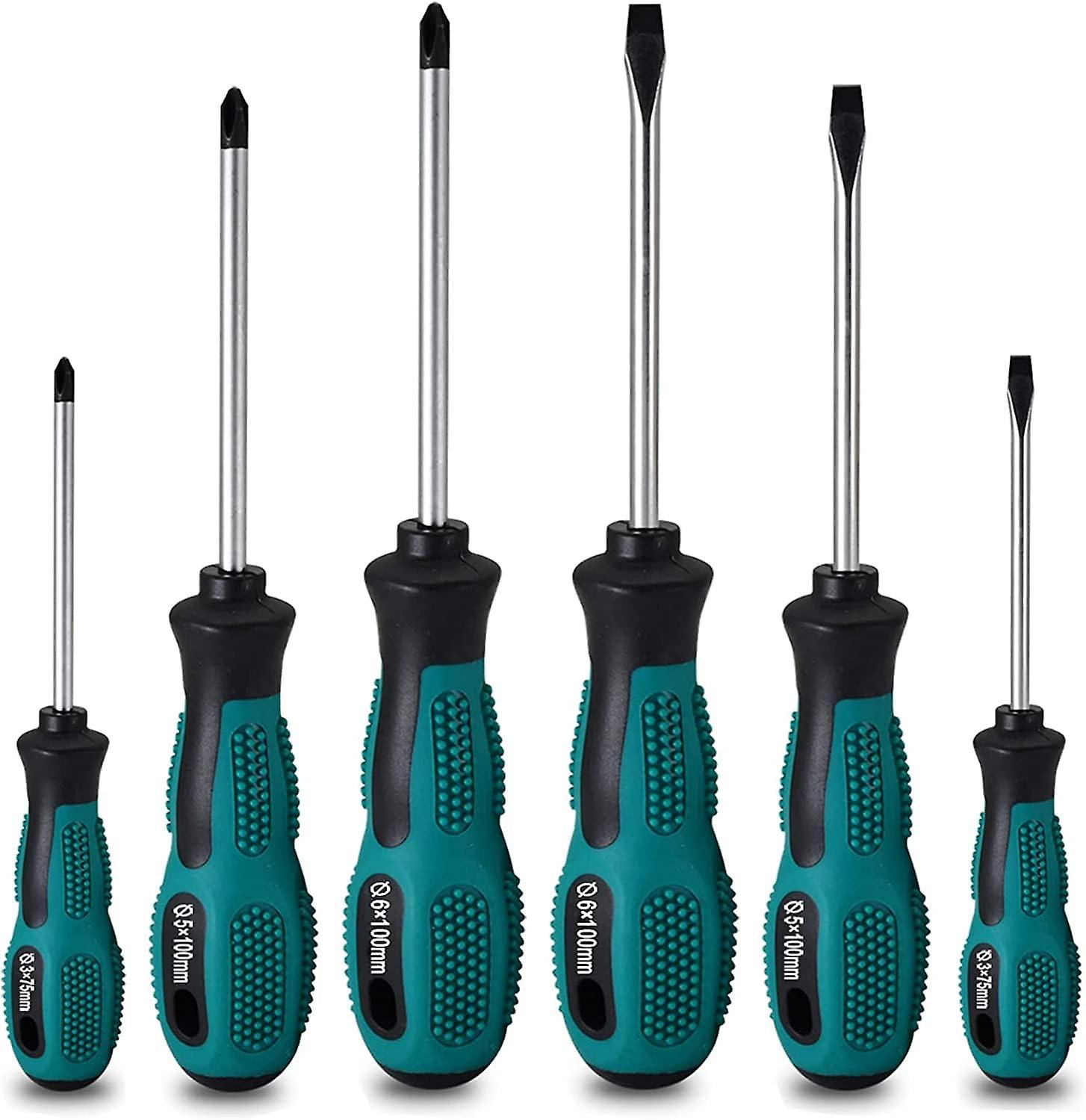 6pcs Screwdriver Set, 3 Flat Head Screwdrivers, and 3 Phillips Screwdrivers - with Case (Cyan)