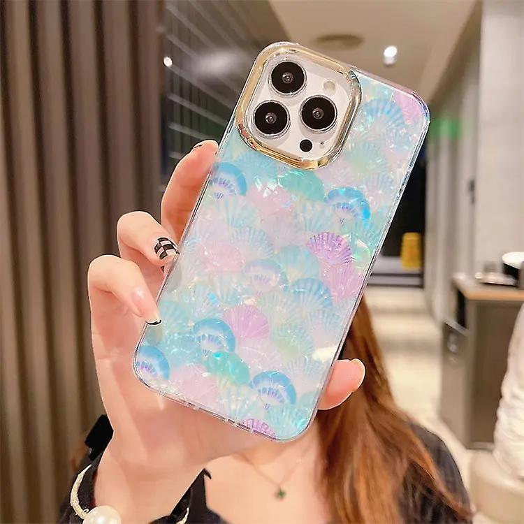 豪华设计师手机壳 iPhone 14 珍珠母贝壳 紫色 粉色 蓝色