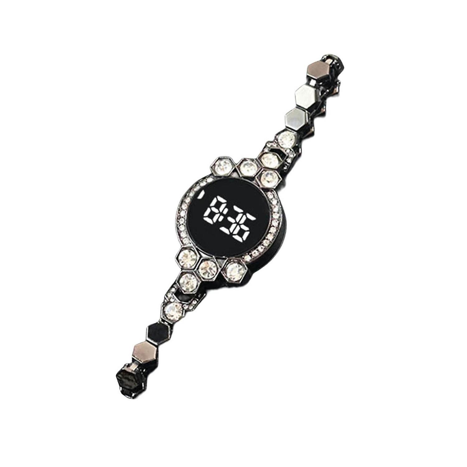 Electronic Watch Round Dial Chain Strap Date Time Display Shiny Rhinestone Inlay Decoration Multifun