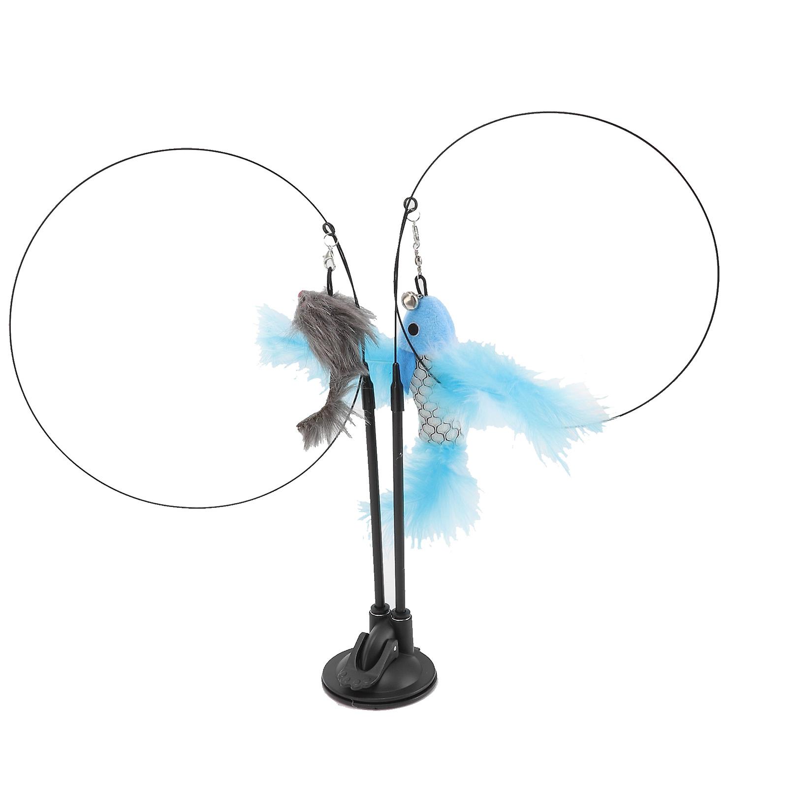 Interactive Cat Toy with Suction Cup, Feather Stick, Double Ended, Removable Steel Wire, for Indoor Use, Blue Flying Fish and Gray Mouse