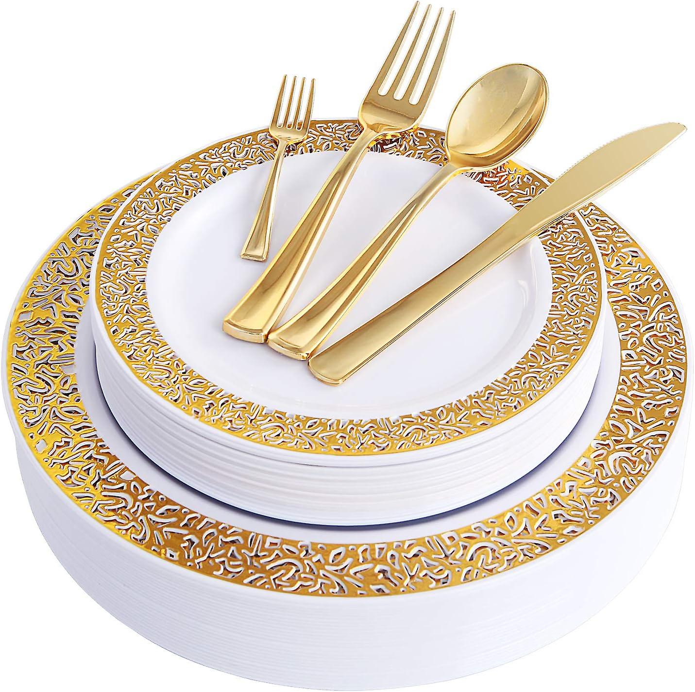 150PCS Gold Plastic Plates with Disposable Plastic Silverware,Lace Design Plastic Tableware sets
