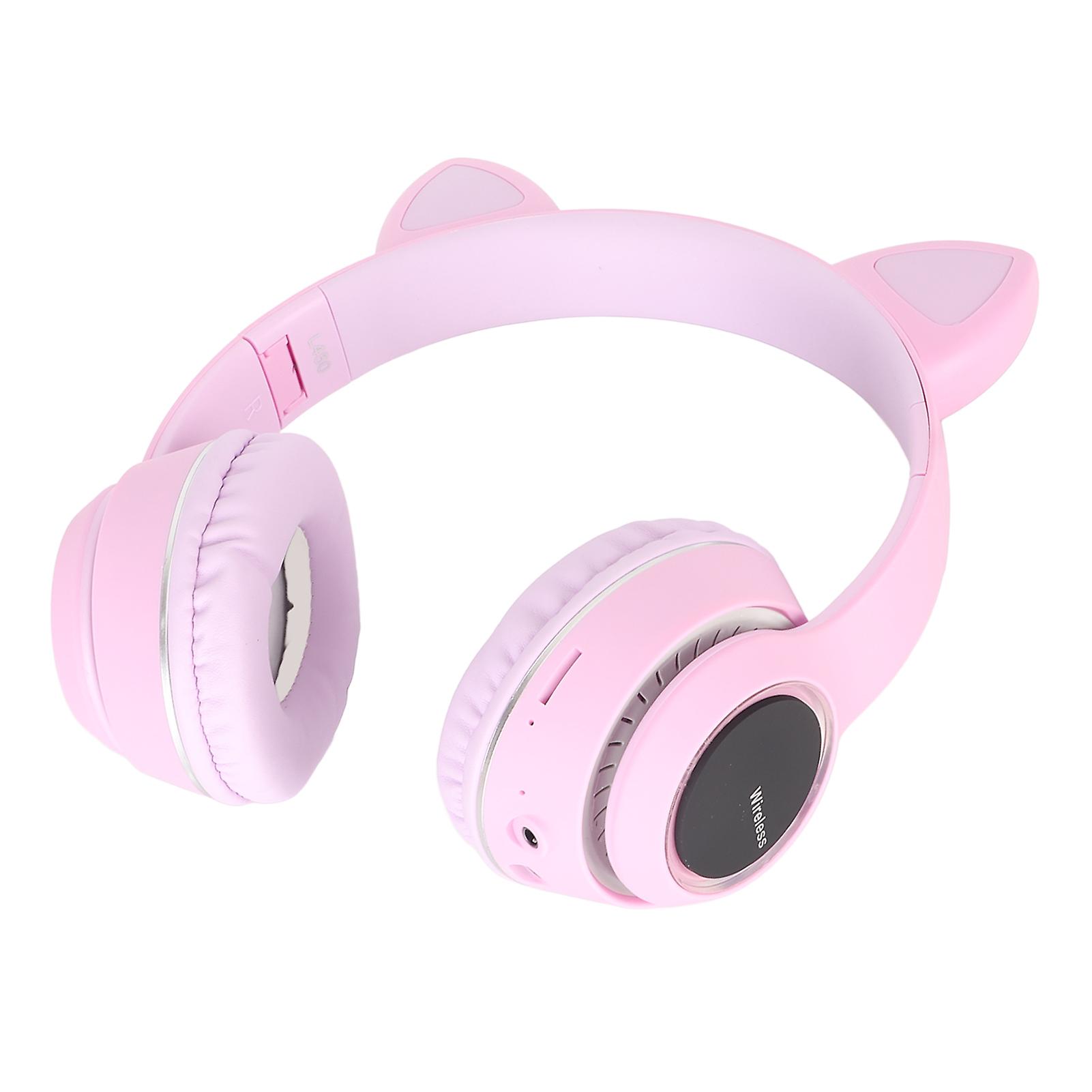 Bluetooth Cat Ear Headset HiFi Stereo Built in Mic Support Memory Card Line in Wireless Headphone with LED Light Purple
