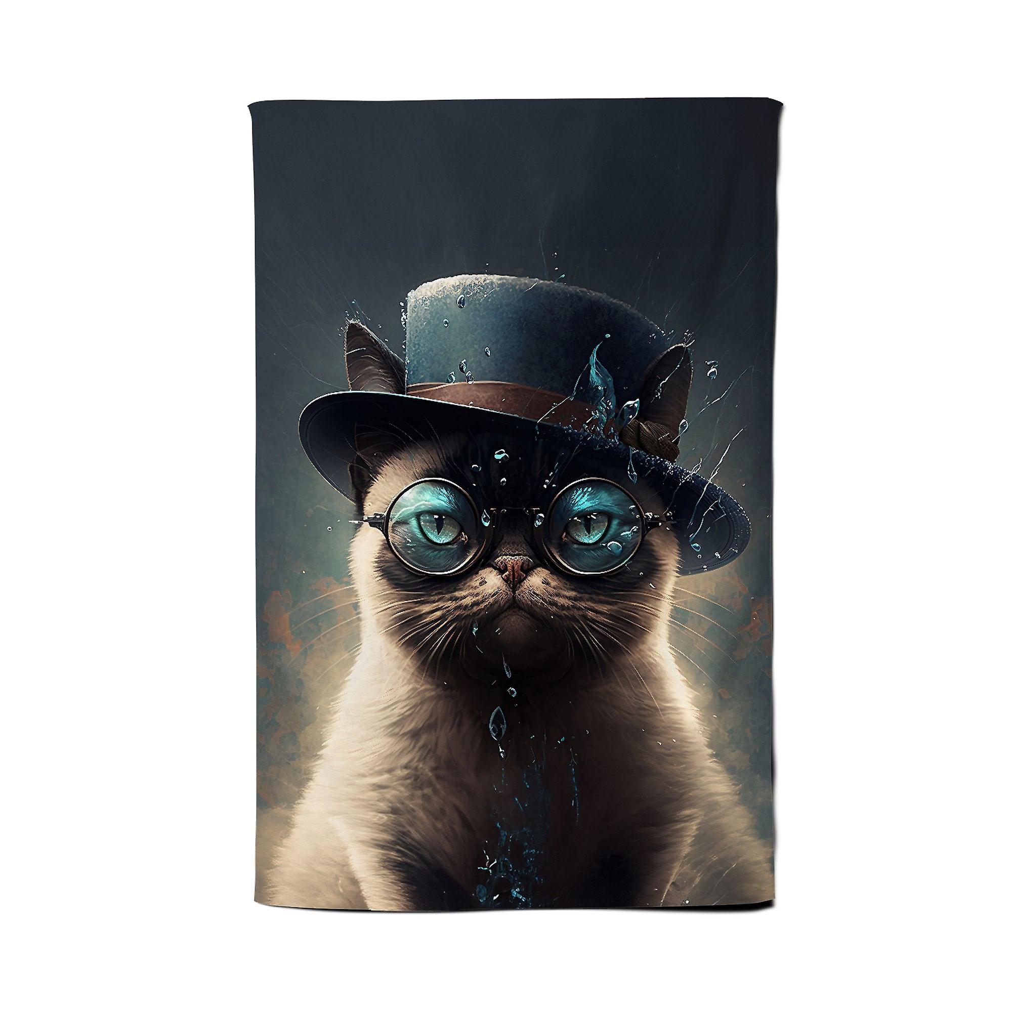 Siamese Cat With Glasses Splashart Tea Towel