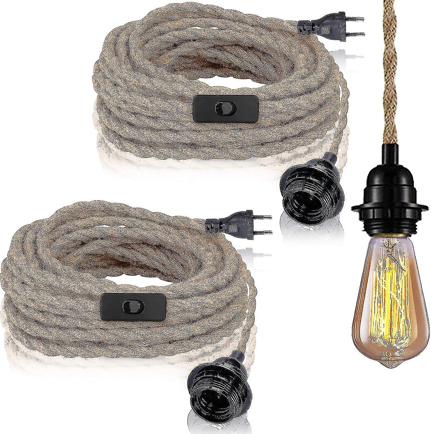 2 Pack Pendant Lights With Switch, Hemp Rope With 4.5m Cable, E27 Socket For Hall, Kitchen, Dining Table, Bar (without Bulb)