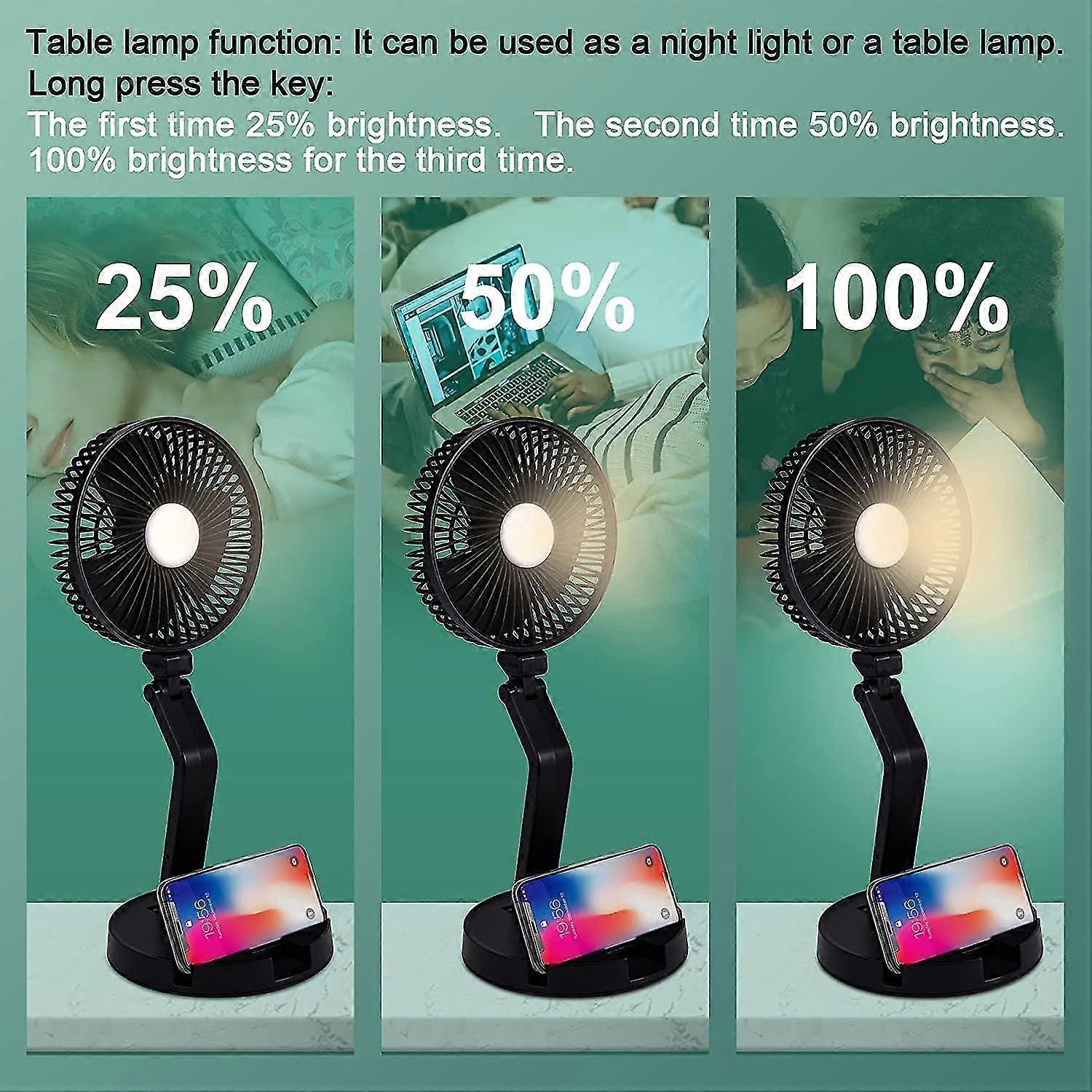 Desk Fan Usb Rechargeable With 5200mah Battery, 7inch Table Fan With Adjustable Night Light, Portable Cordless Fan Foldable Personal Desktop Fan For H