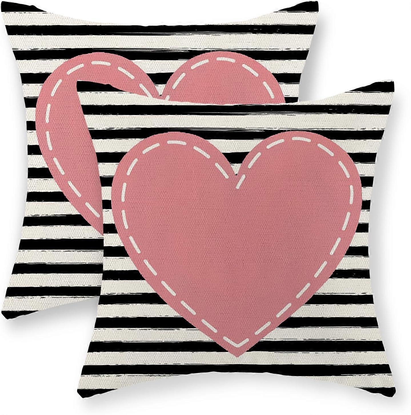 أغطية وسادة عيد الحب 20 × 20 بوصة طقم من 2 ، عيد الحب ديكور كتان غطاء وسادة خطوط وردي الحب قلب عيد الحب رمي الوسائد ديكور الذكرى السنوية