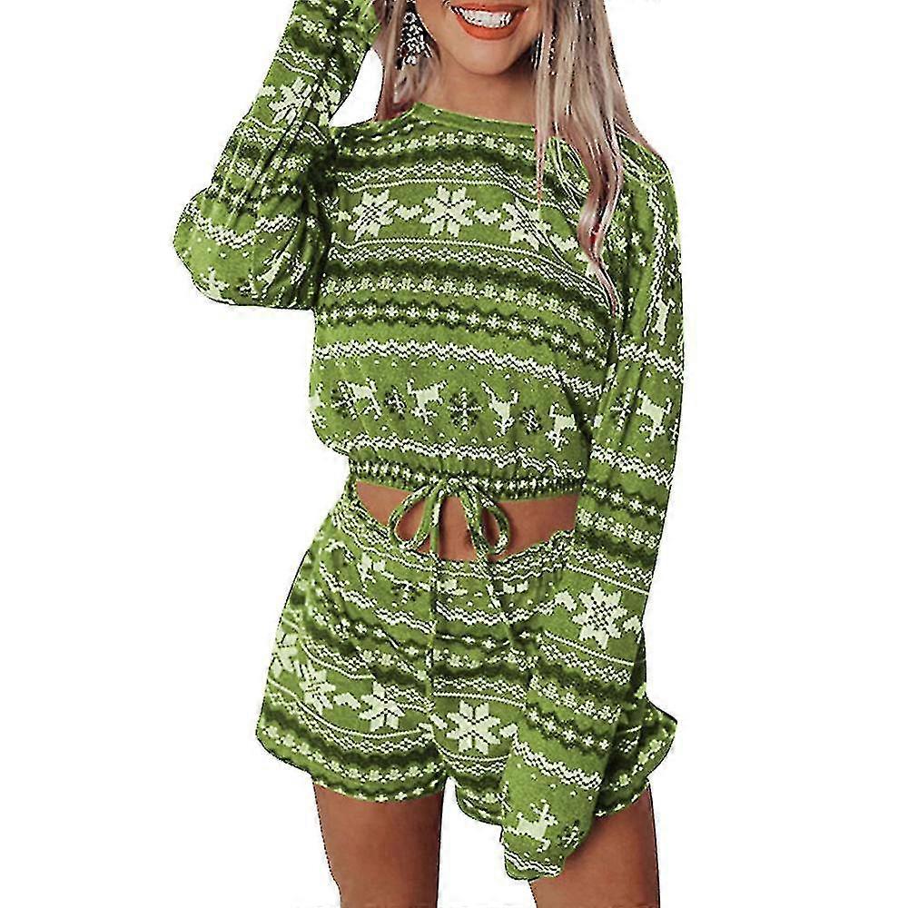 Noel Kadın Noel Baskılı Pijama Seti Kırpılmış Üstler Şort Kıyafet