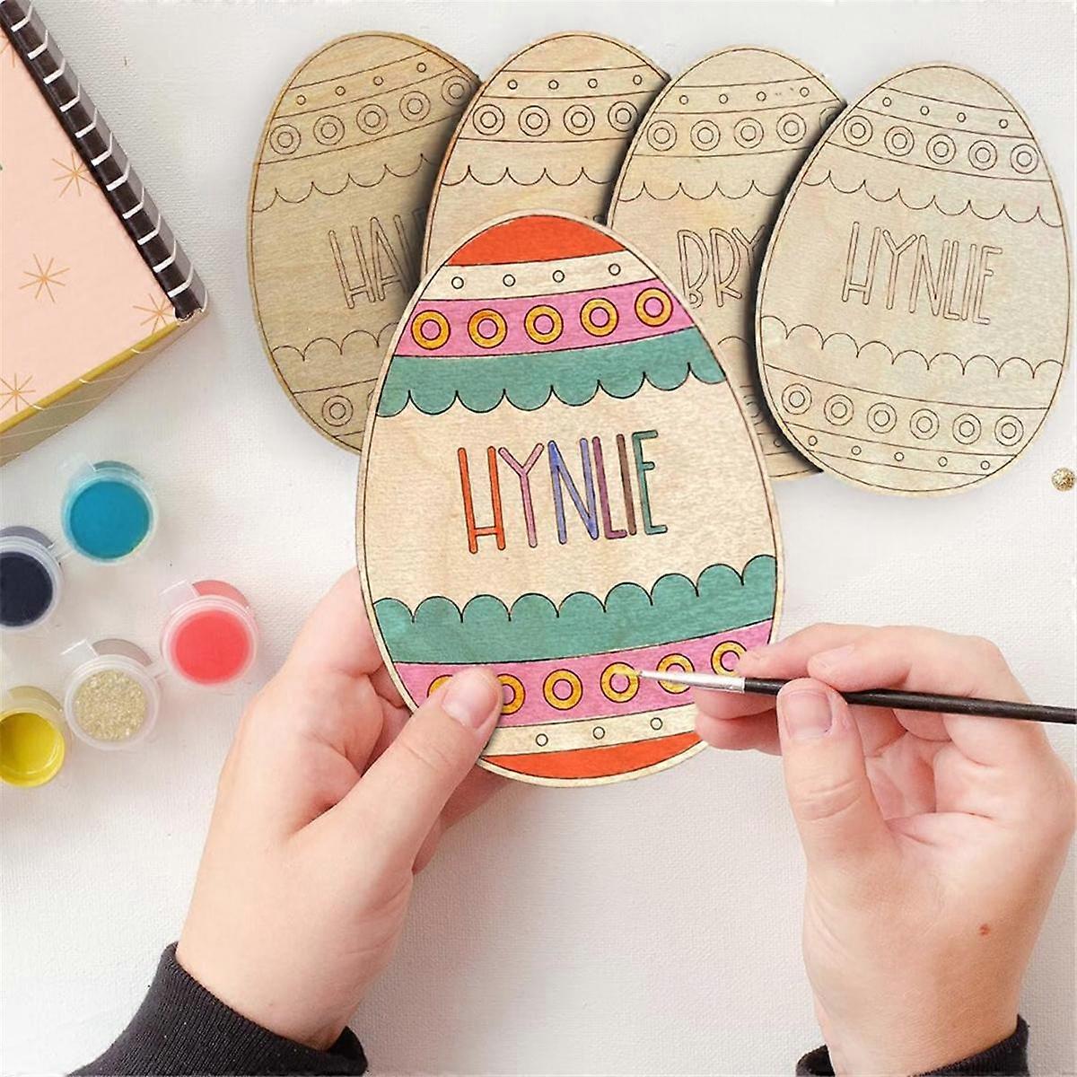 Personalized Easter Eggs Painting Kit Wooden Egg Brush Paints Easter Decoration with Doodle Kid for DIY Design Basket-B