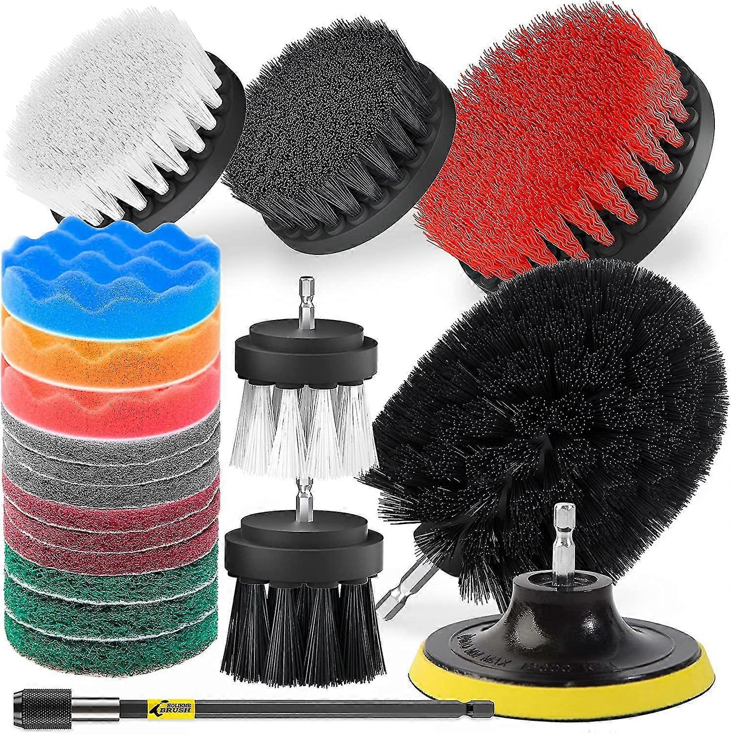 20piece Drill Brush Attachments Set,black Scrub Pads & Sponge, Power Scrubber Brush With Extend Long Attachment All Purpose Clean For Grout, Tiles, Si