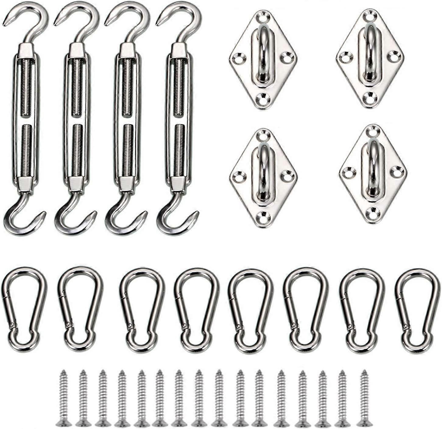 Garden Heavy Duty Sun Shade Sail Fixing Kit for Square and Triangle, Rectangle - 304 Stainless Steel (includes 4 x Pad Eyes, 4 x Turnbuckles, 8 x Snap