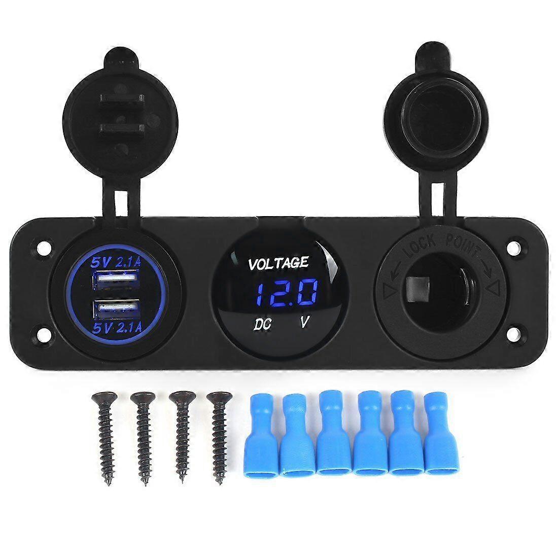3in1 Dual USB Socket Charger Cigarette Lighter LED Voltmeter Charger Panel 12V