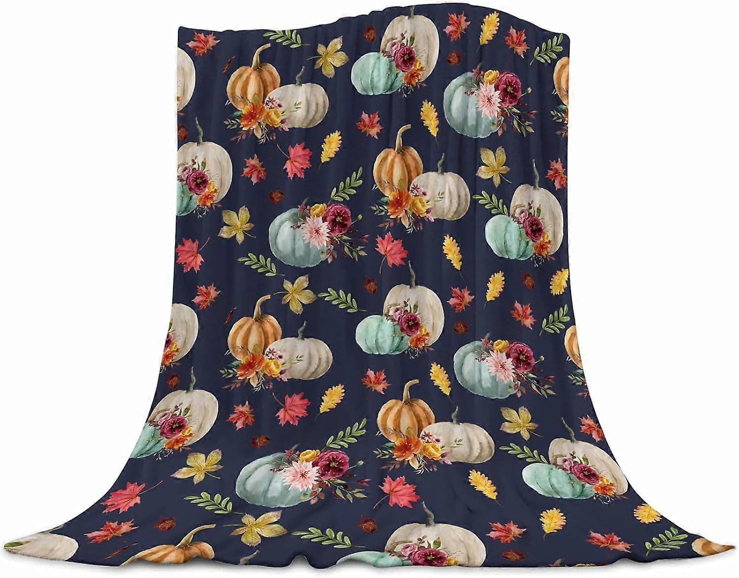 Fleece Throw Blankets, Fall Decor Throw Blanket with Pumpkins Leaves on Blue Background for Couch Sofa Bed, Luxury Soft Lightweight Fuzzy Cozy Flannel