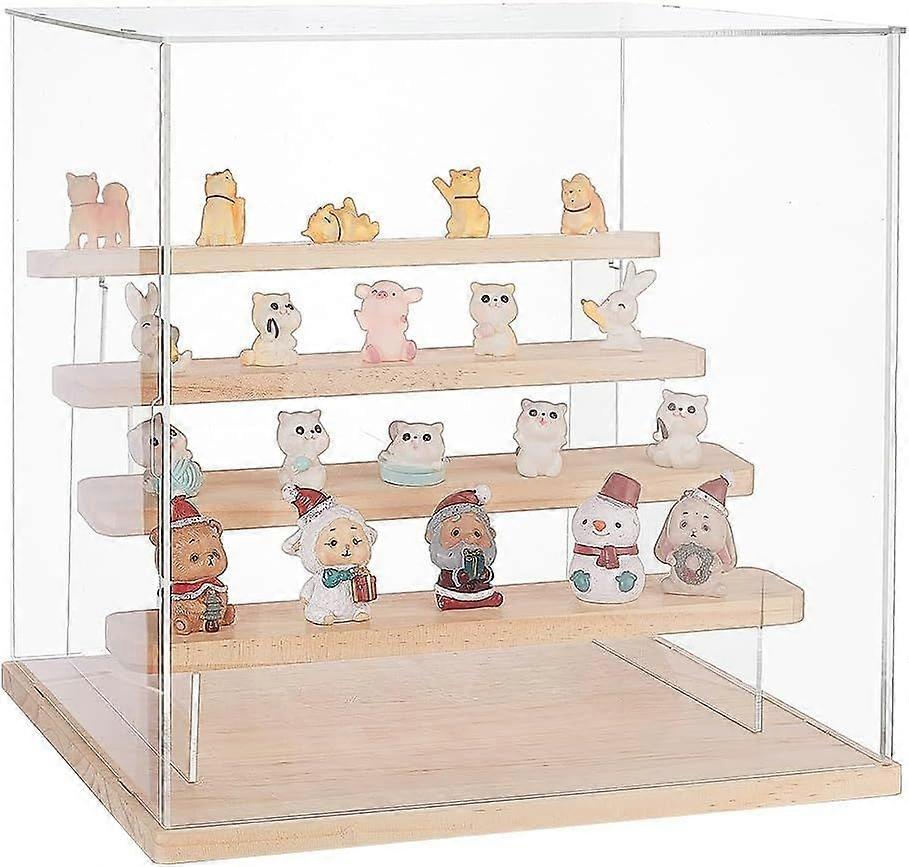 4-Tier Clear Display Case Acrylic Box Wooden Riser Display Stands with Door Countertop Figure Stand Shelves for Collectible Figures Cupcake Candy Food